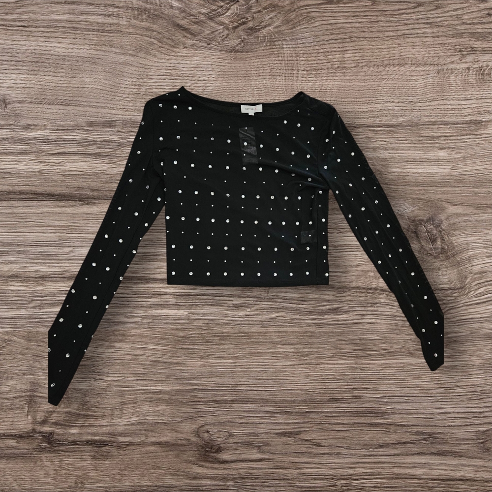 Black Long Sleeve Crop Top with White Polka Dots
